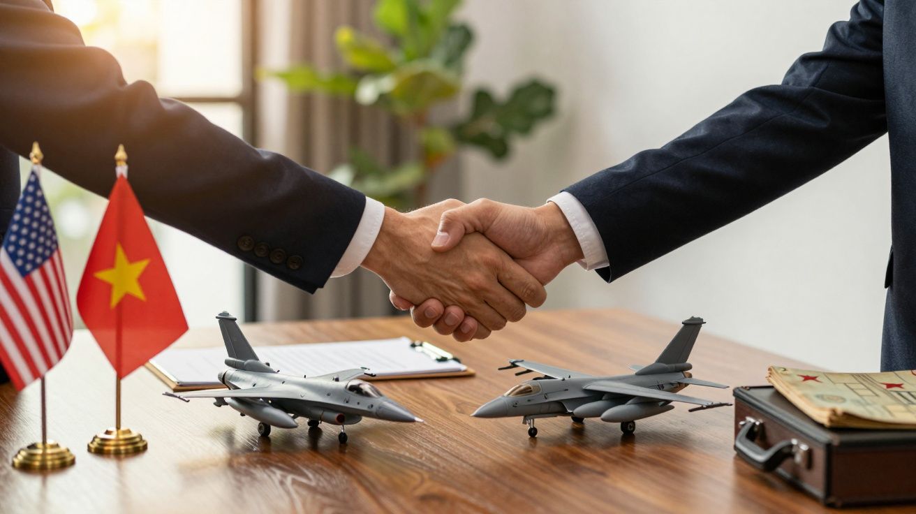 Două persoane dând mâna peste o masă cu avioane model și steaguri ale SUA și Vietnamului.