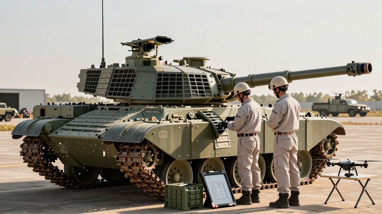 Tanc militar pe un teren de antrenament, cu doi soldați examinându-l; echipamente de tehnologie lângă ei.