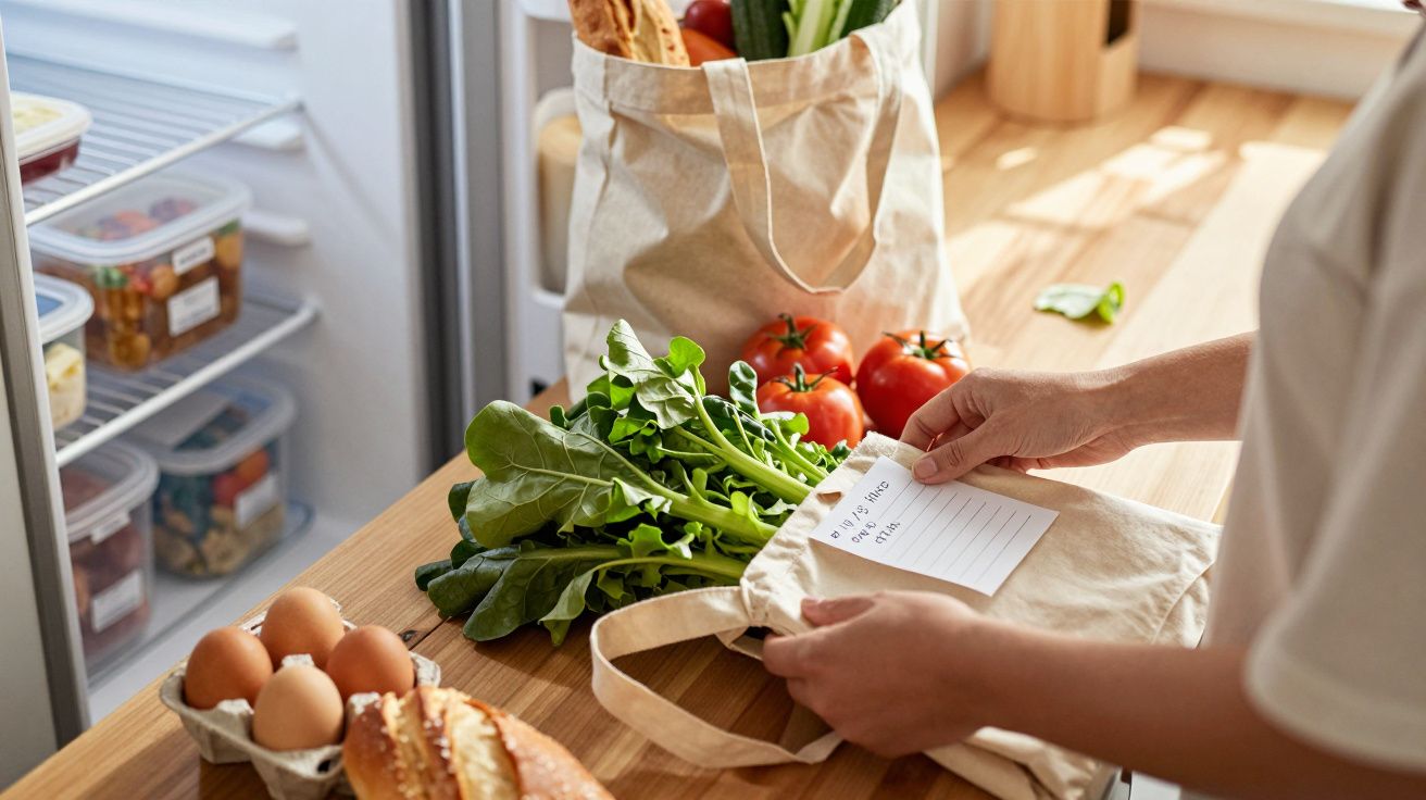 Persoană așezând o listă de cumpărături într-o sacoșă cu legume proaspete pe un blat de bucătărie.