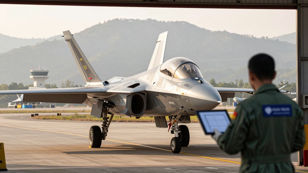 Avion de luptă parcat pe pistă, cu un militar verificând date pe o tabletă; munți în fundal.