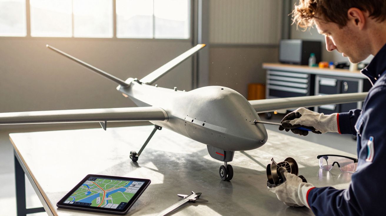 Persoană ajustând o dronă mare pe o masă; tabletă cu harta deschisă alături.