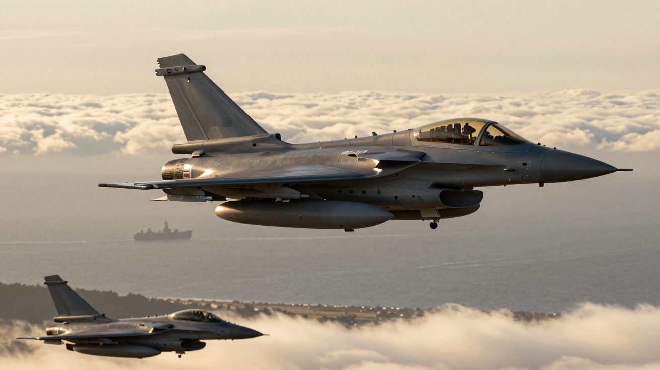 Două avioane de vânătoare zboară deasupra unui strat de nori, cu oceanul și o navă pe fundal.