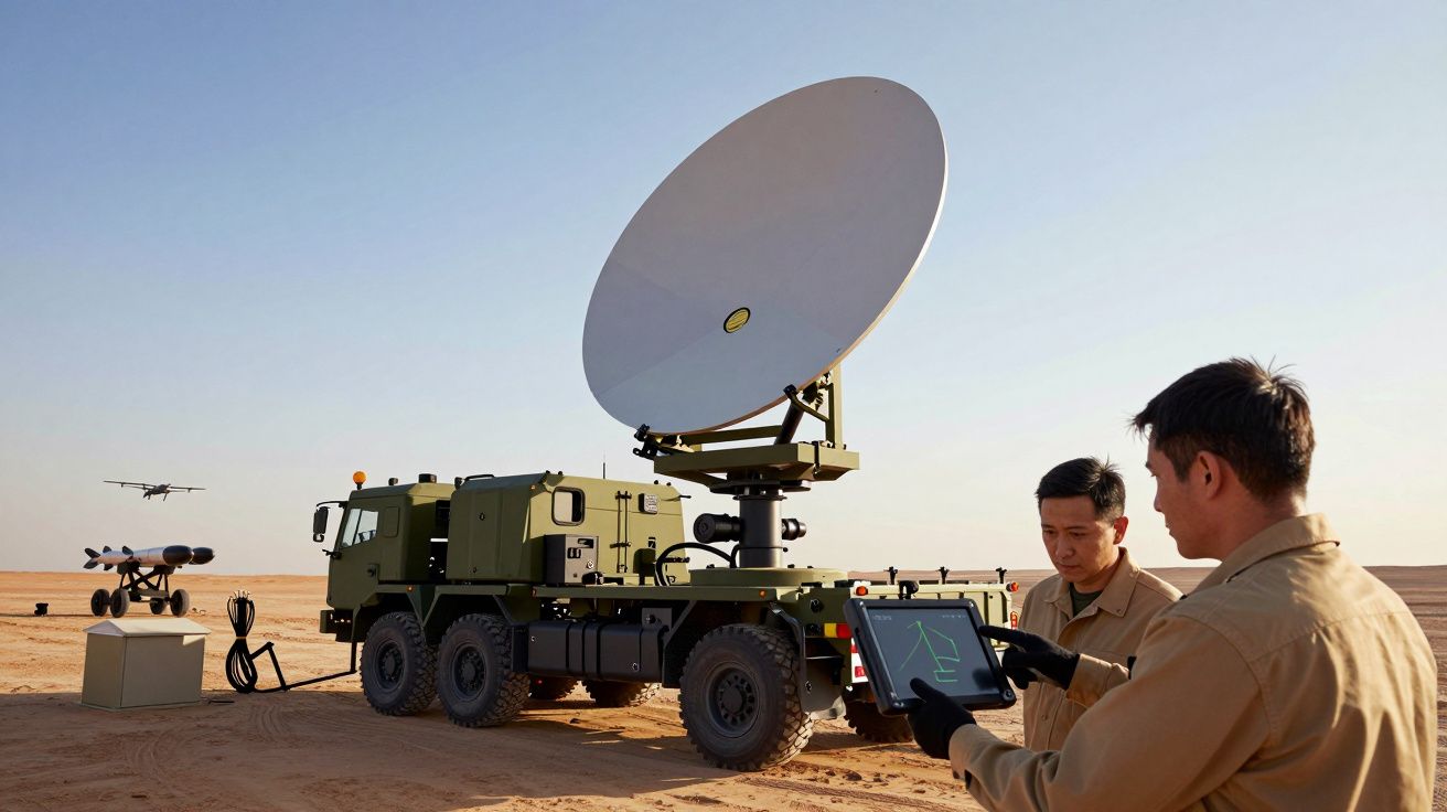 Două persoane operând un vehicul militar cu antenă satelit, pe un teren deșertic, cu o dronă în zbor.