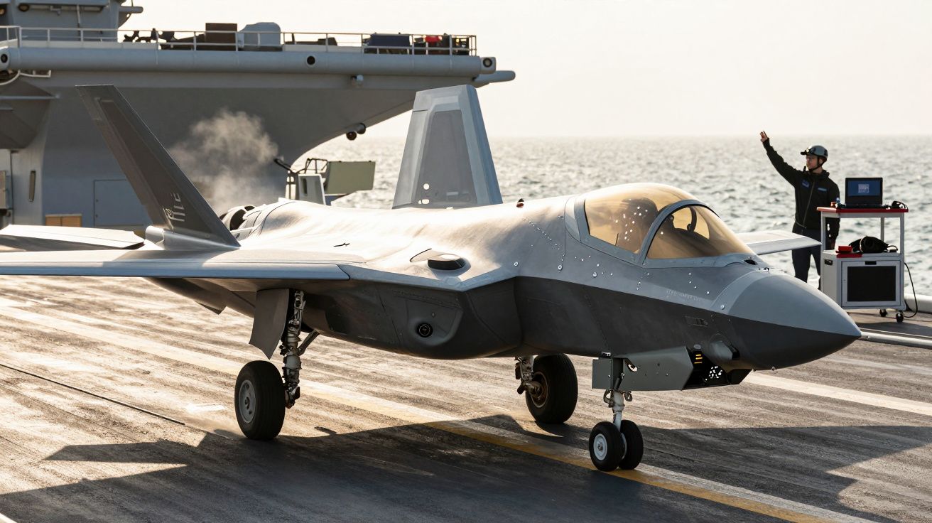 Avion de luptă pe puntea unui portavion, pregătit de decolare, cu un om semnalizând în fundal.