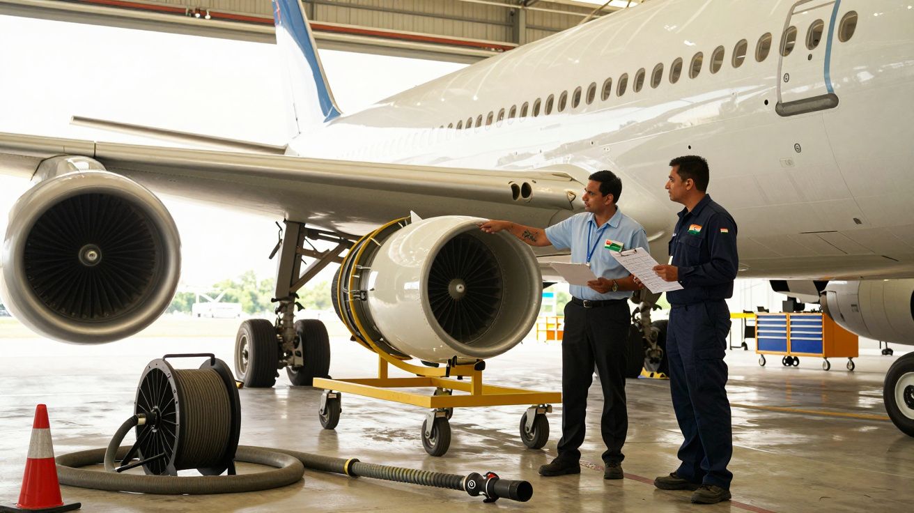 Doi mecanici discută lângă motorul unui avion într-un hangar, cu un furtun și echipamente tehnice în apropiere.