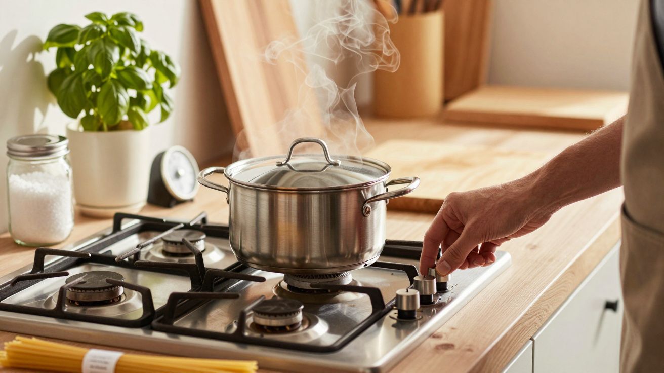 Imagine cu oală cu capac pe aragaz, aburindă. Persoană ajustând flacăra, plante și borcan în fundal.