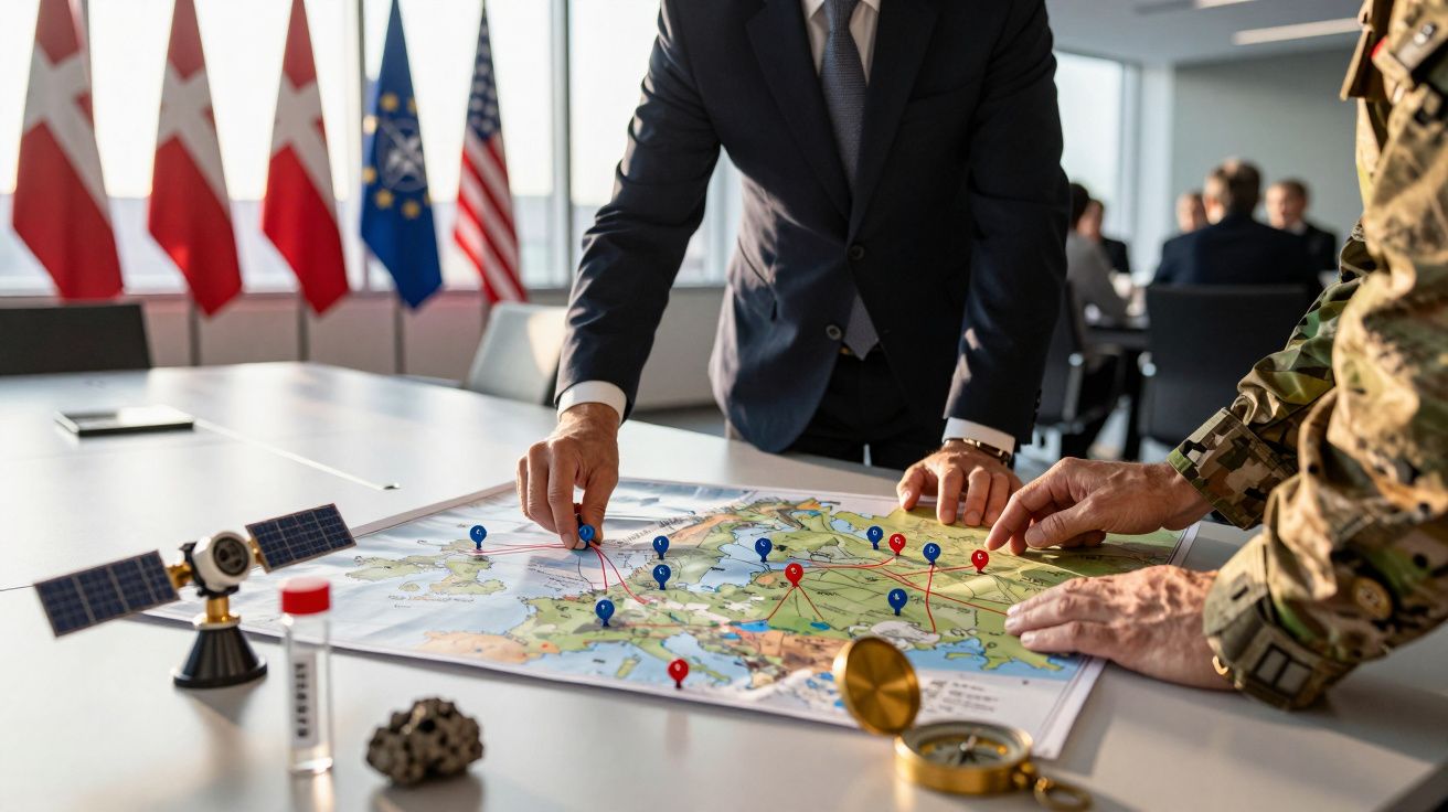 Persoane discutând la o hartă pe masă, cu fundal de steaguri și obiecte mici, inclusiv un satelit și busolă.