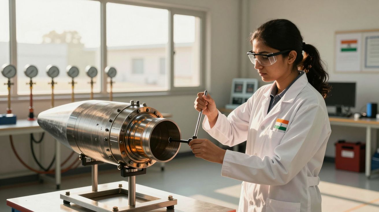 O femeie în halat alb repară o piesă metalică într-un laborator tehnic, purtând ochelari de protecție.