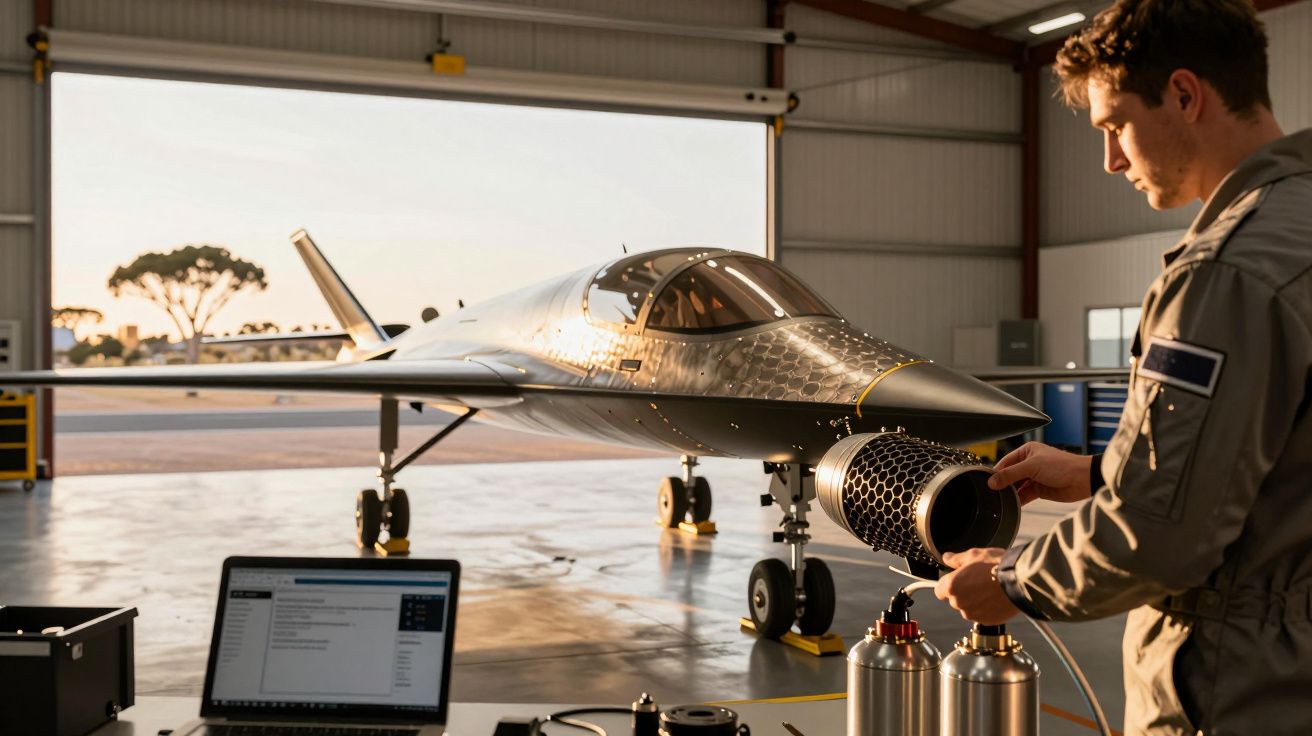 Bărbat inspectează un avion mic într-un hangar cu echipamente și laptop pe masă. Lumina soarelui intră prin deschidere.