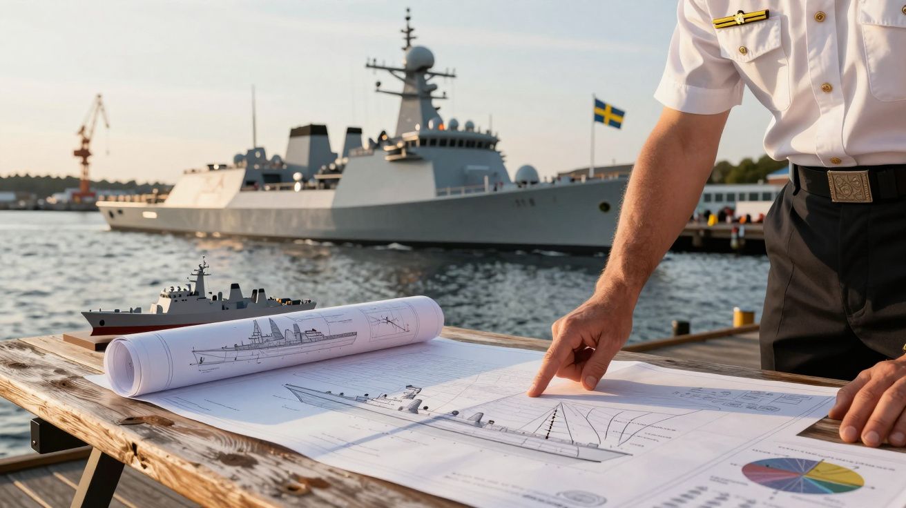 Planuri de navă pe o masă, cu o navă de război pe apă în fundal și o persoană în uniformă indicând schița.