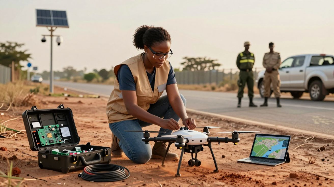 Femeie operează dronă lângă drum, cu echipament tehnic și laptop; soldați și mașină în fundal.