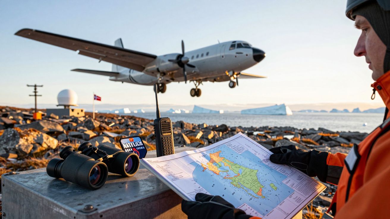Persoană în echipament arctic ținând o hartă, cu avion aterizând și ghețari pe fundal. Binoclu și radio pe masă.