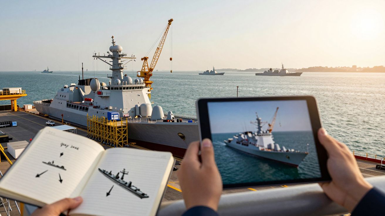 Persoană ținând tabletă cu imagine navă militară, privind către o navă similară în port, cu caiet de note deschis.
