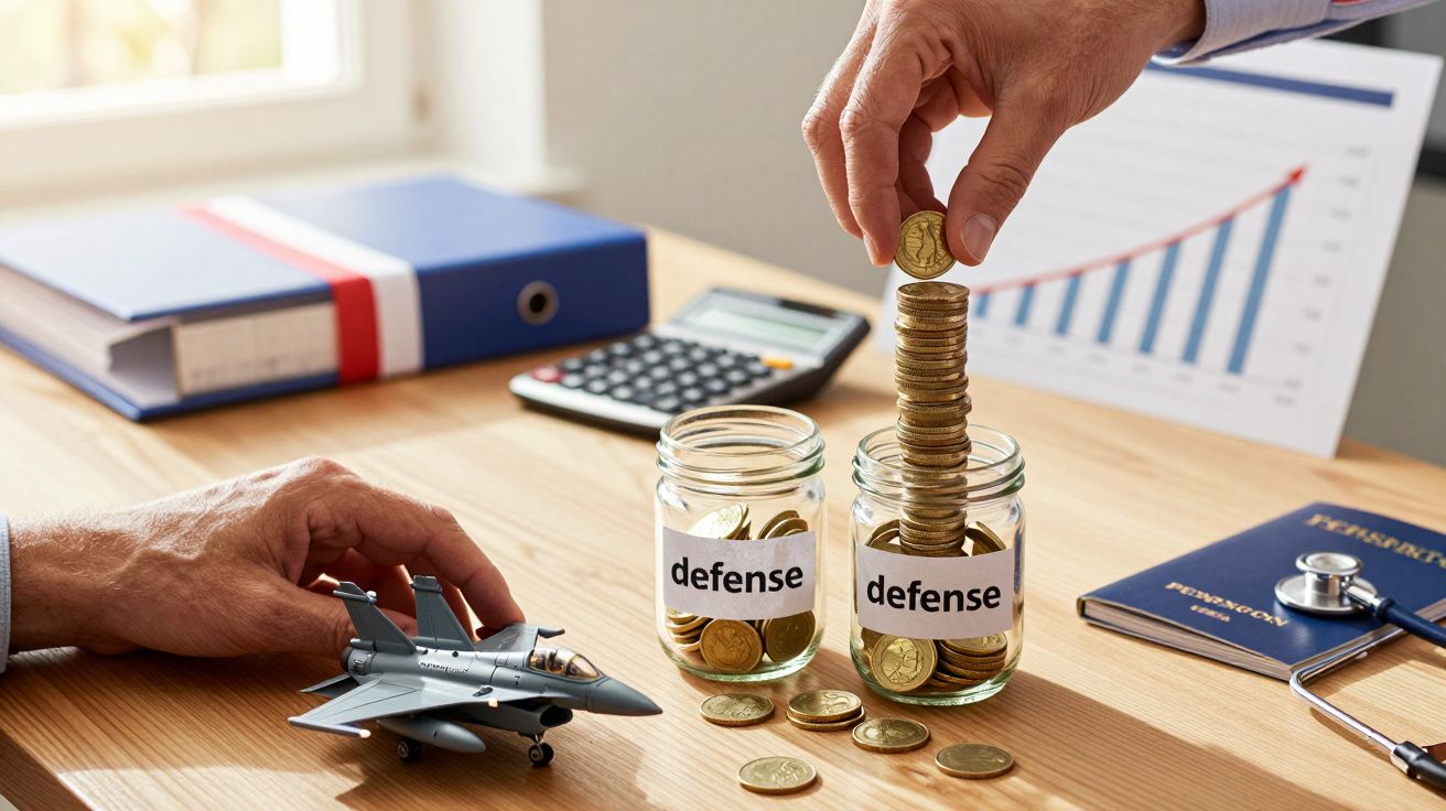 Două borcane cu eticheta "defense" pline cu monede, un grafic și un avion de jucărie pe birou.