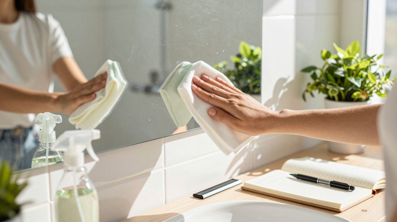 Persoană curățând o oglindă în baie, cu o cârpă și soluție de curățare, lângă plante verzi și un carnețel.