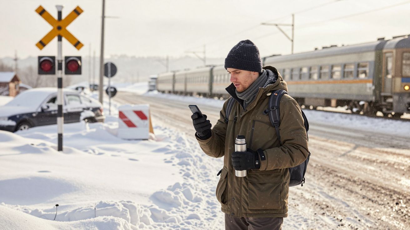 Bărbat îmbrăcat de iarnă la o trecere de cale ferată, folosind telefonul, ținând un termos. Zăpadă în jur, tren în fundal.