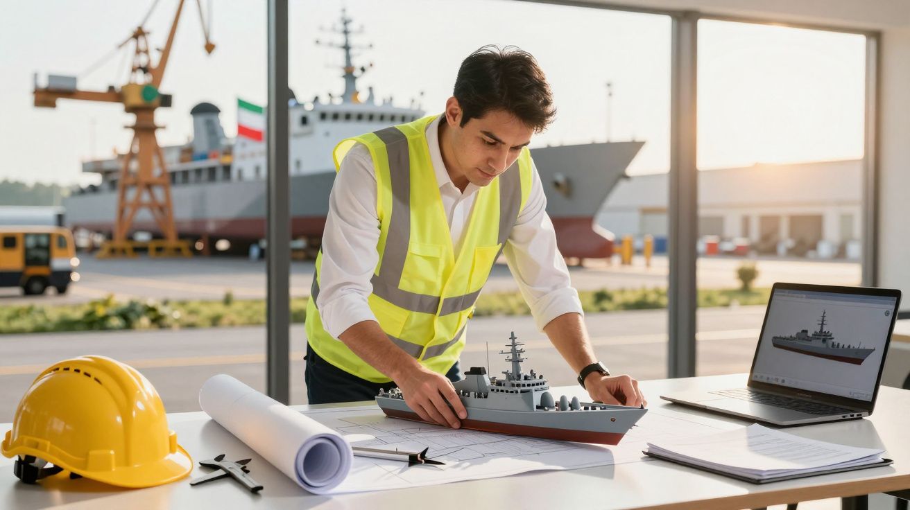 Bărbat purtând vestă reflectorizantă analizând macheta unei nave pe o masă cu planșe și laptop, în fundal fiind un șantier na