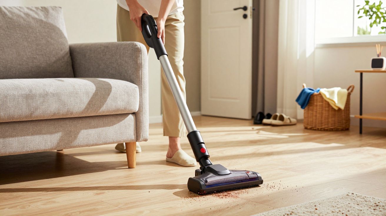 Persoană care aspiră podeaua de lemn dintr-un living luminos, lângă o canapea gri.