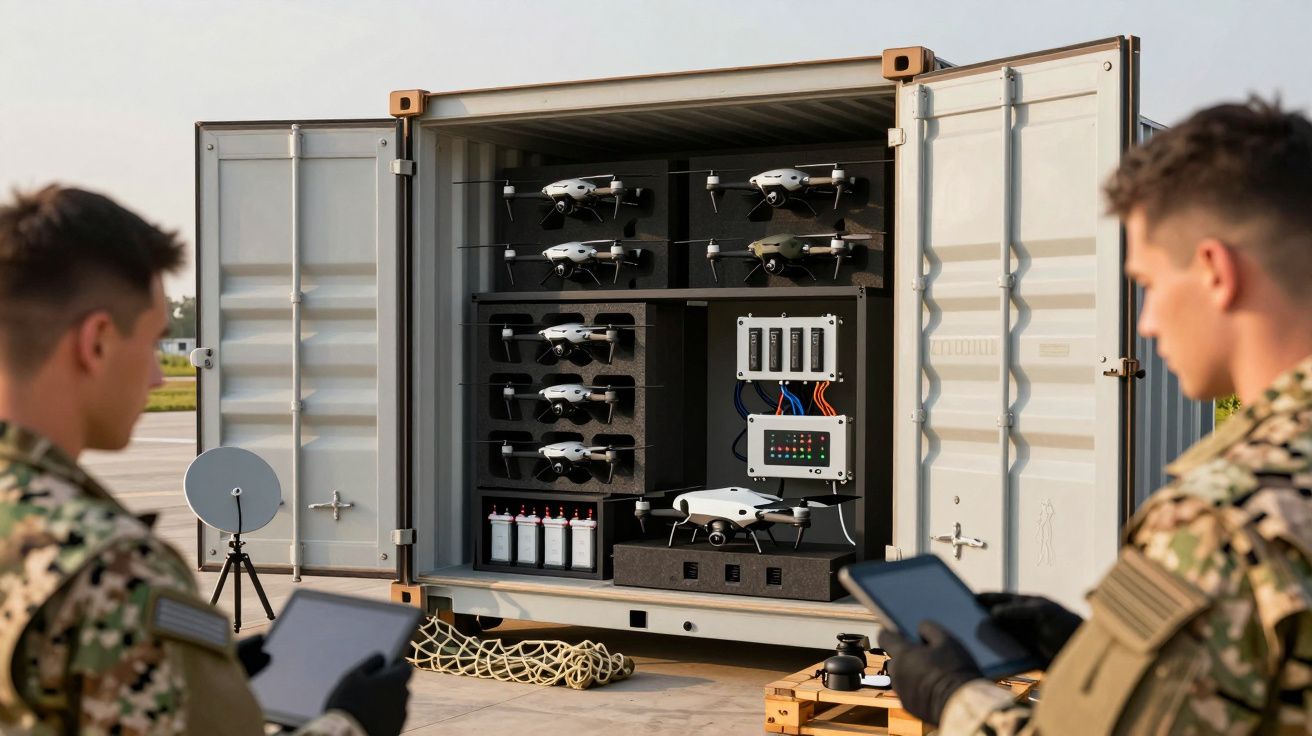 Doi soldați în fața unui container cu drone de supraveghere pe un teren deschis, cu echipamente electronice.