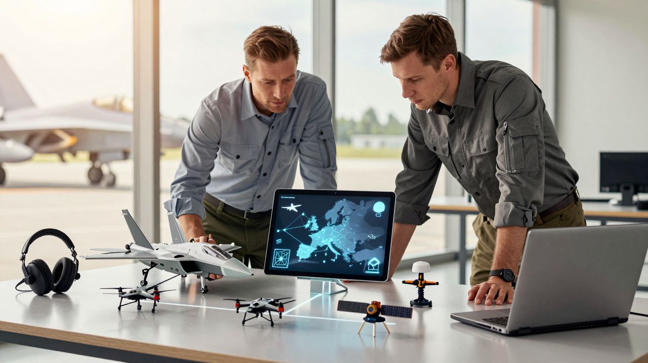 Două persoane studiază un monitor cu o hartă și modele de avioane și drone pe o masă.