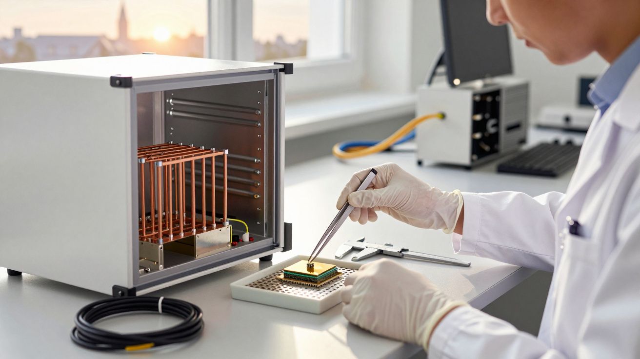 Cercetător cu mănuși lucrează la un cip electronic într-un laborator, folosind o pensetă.