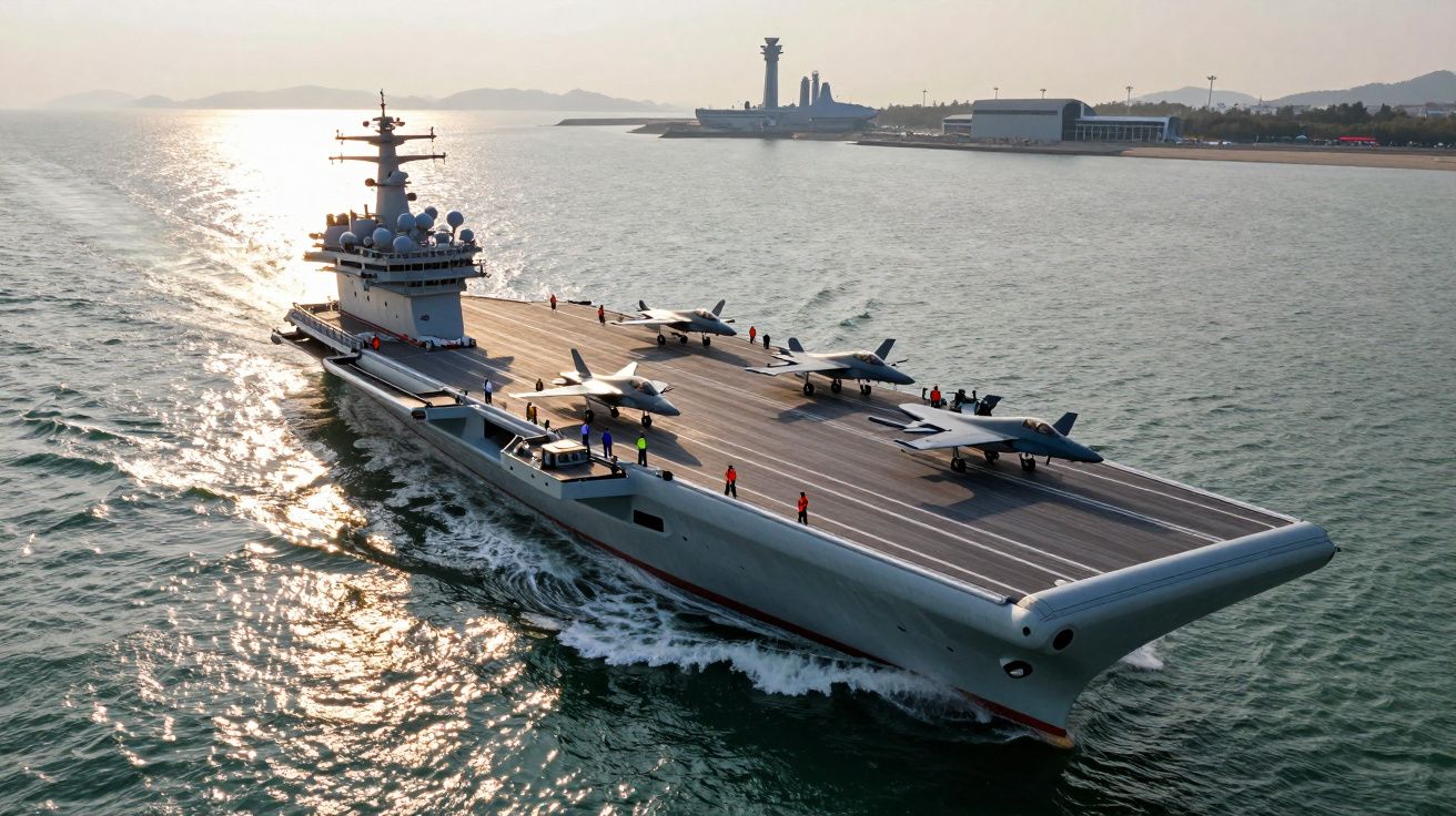 Portavion navigând pe mare, cu avioane de luptă pe punte, la apusul soarelui.