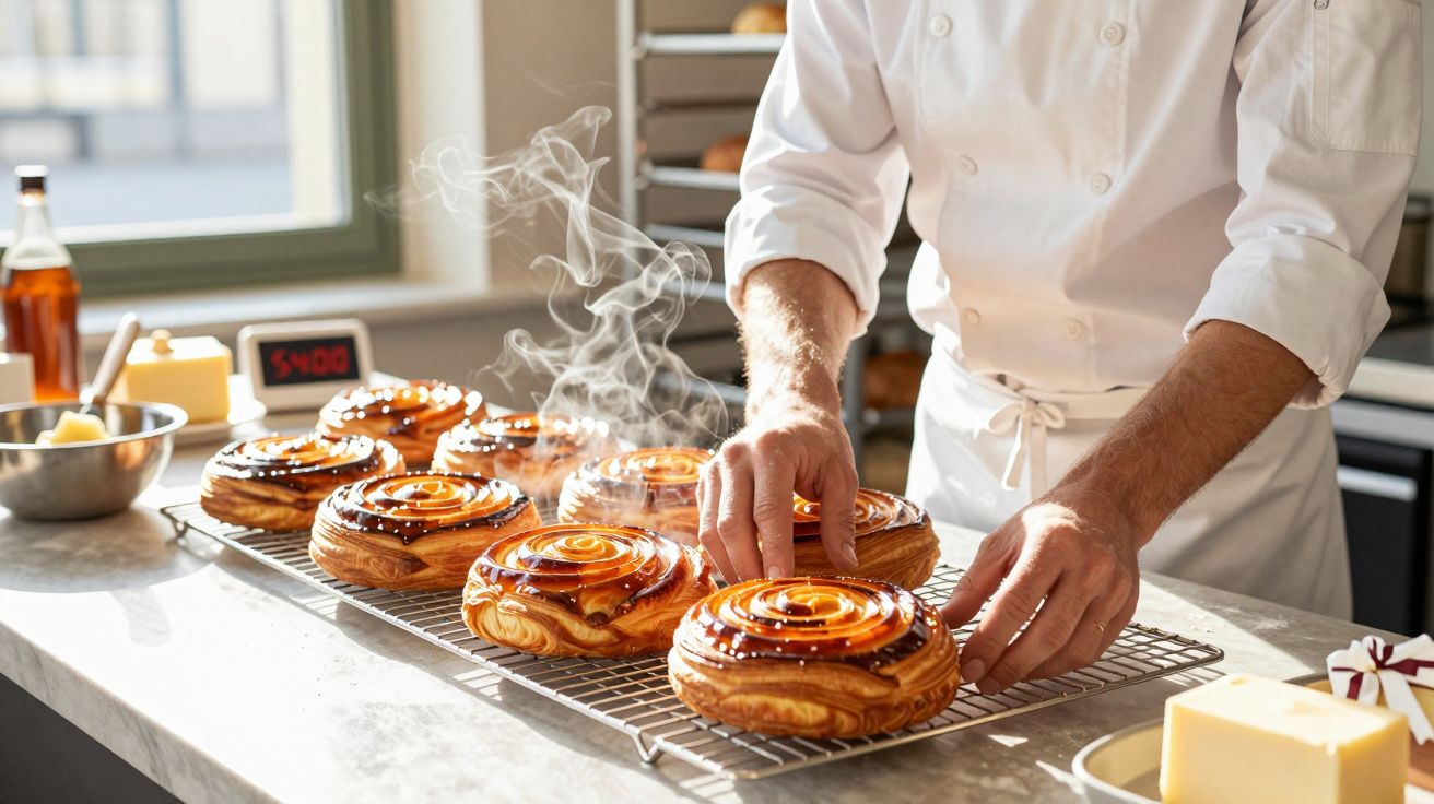 Bucătar aranjează chifle aburinde glazurate pe un grătar de răcire într-o bucătărie luminoasă.