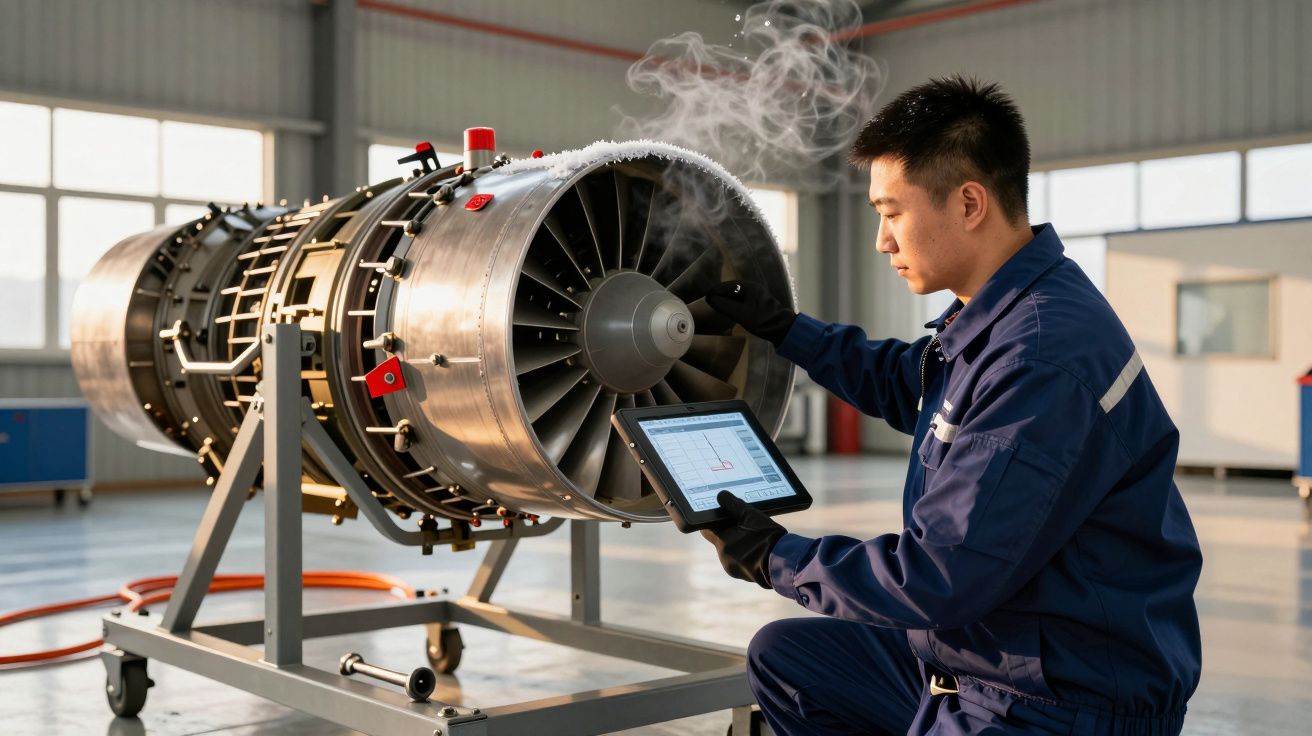 Tehnician verificând un motor cu reacție, ținând o tabletă într-un hangar luminos.