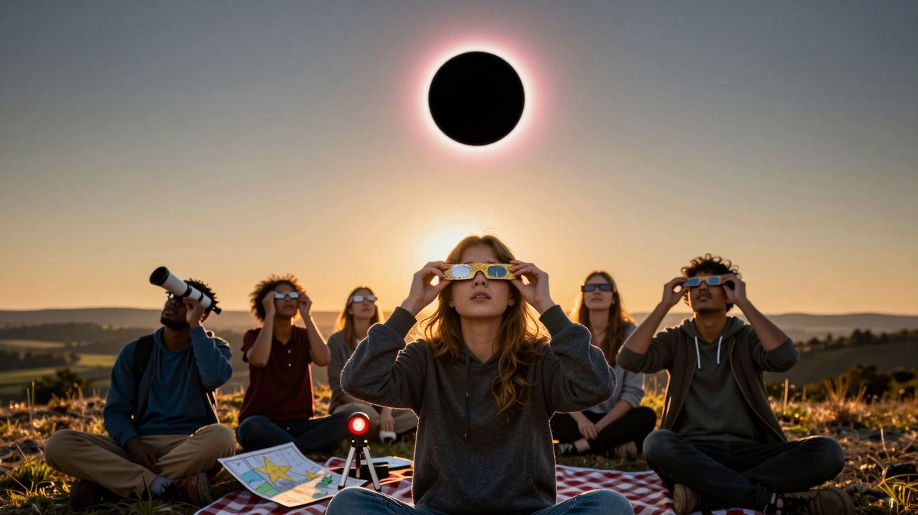 Un grup de oameni urmăresc o eclipsă solară, purtând ochelari speciali, șezând pe o pătură pe un deal.