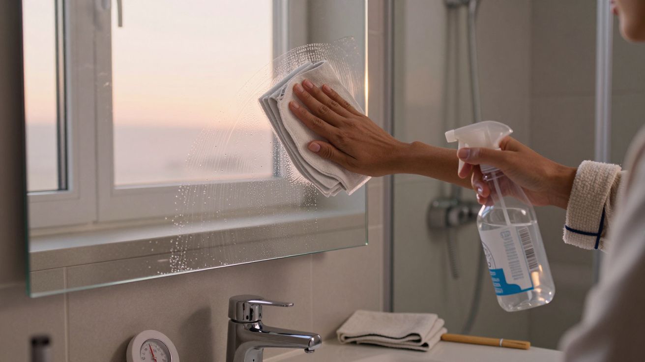 Persoană curăță o oglindă cu o cârpă și un spray de curățare într-o baie iluminată de lumina dimineții.