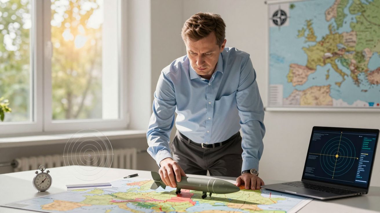 Bărbat în cămașă albastră studiază o hartă pe o masă, cu un laptop și un obiect de machetă rachetă în apropiere.