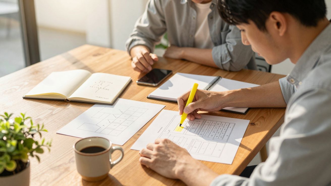 Doi bărbați discută la birou, analizând planuri și hărți tipărite, cu o cană de cafea pe masă.