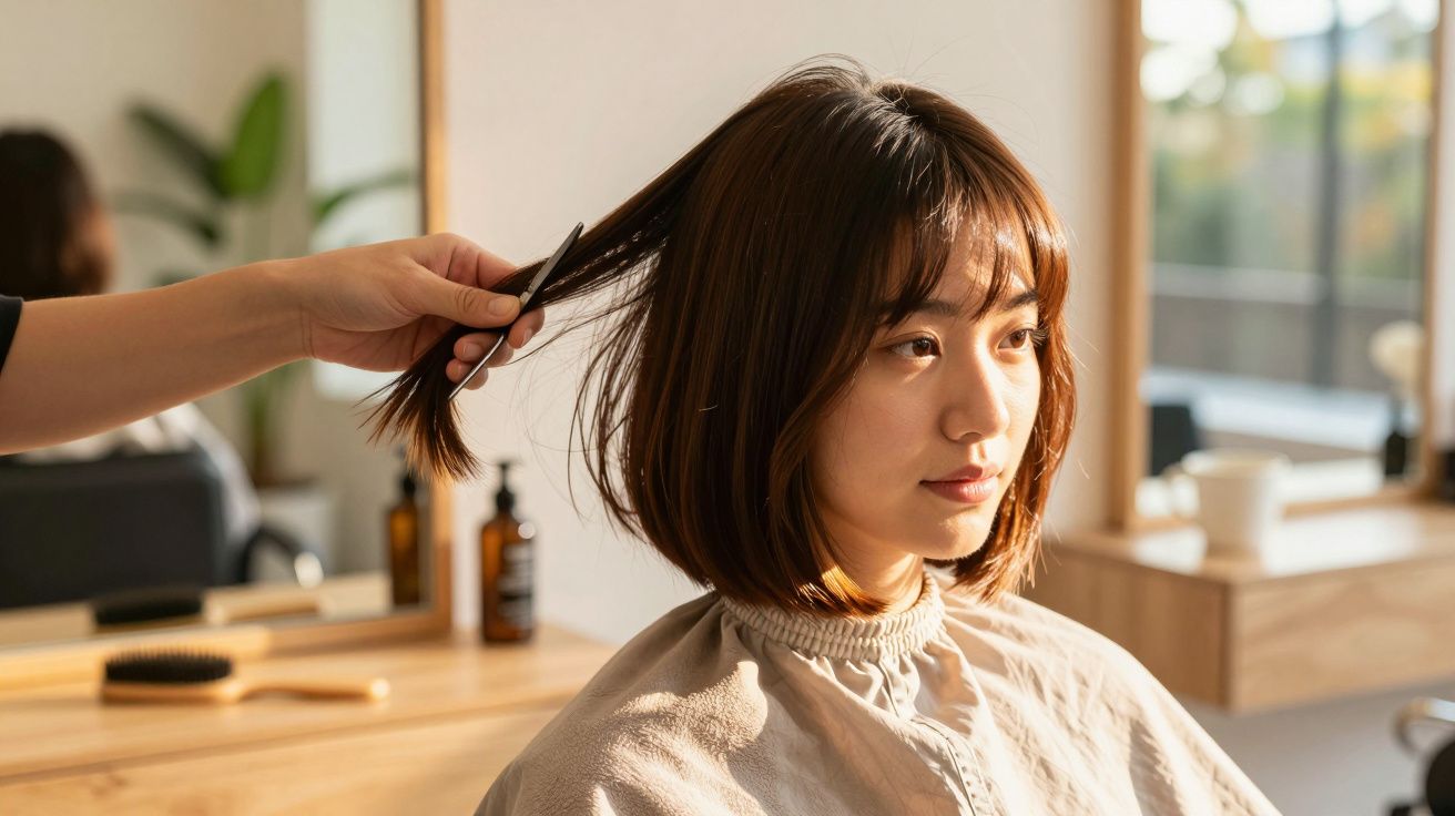 Femeie cu păr scurt stă pe scaun în salon, în timp ce un hairstylist își aranjează părul cu o perie.
