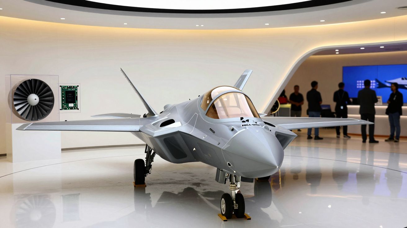 Avion de luptă modern expus într-un showroom elegant, cu oameni observând în fundal.