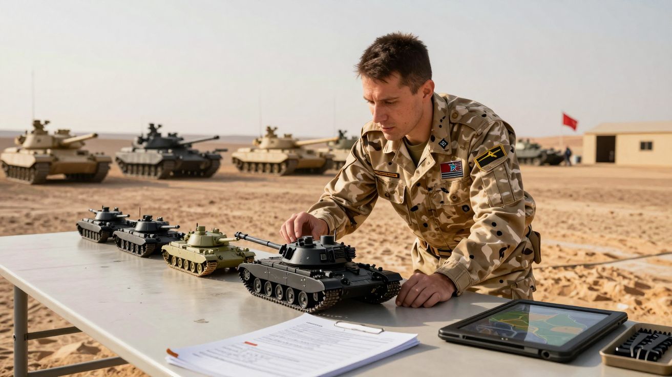 Bărbat în uniformă militară aranjează tancuri de jucărie pe o masă în deșert, cu tancuri reale în fundal.