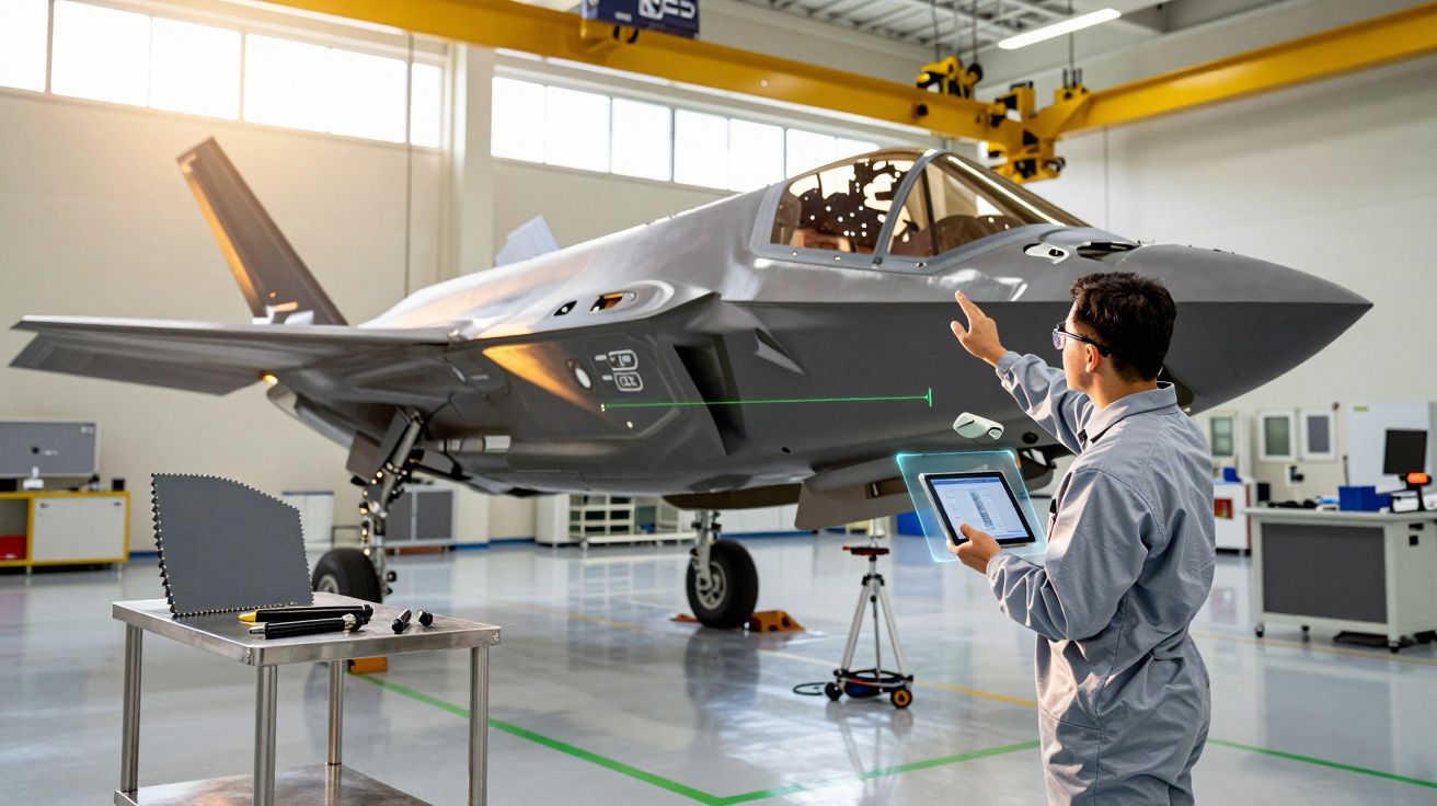 Inginer inspectând un avion de luptă într-un hangar modern, utilizând o tabletă pentru verificări tehnice.
