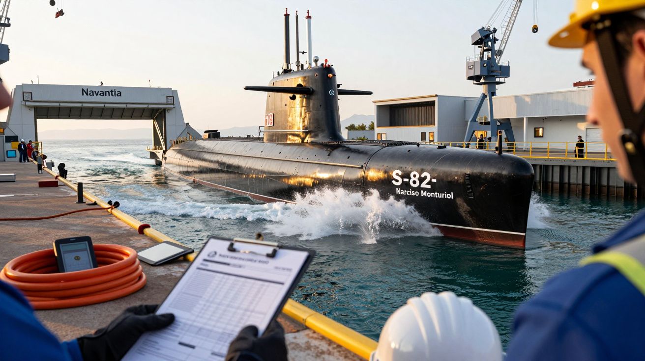 Un submarin denumit S-82 "Narciso Monturiol" în apă, lângă un doc cu angajați verificând documente.