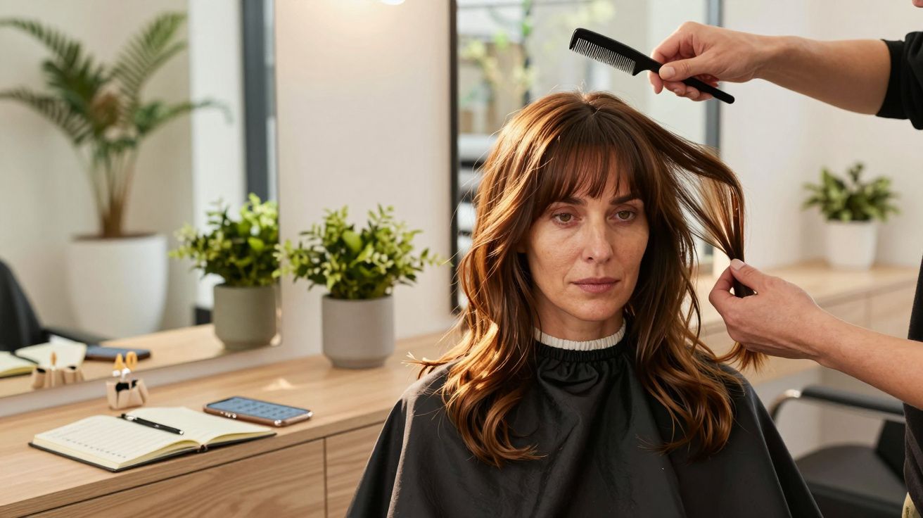 Persoană stând pe scaun la salon, în timp ce cineva îi aranjează părul cu un pieptene. Pe fundal sunt plante și obiecte.