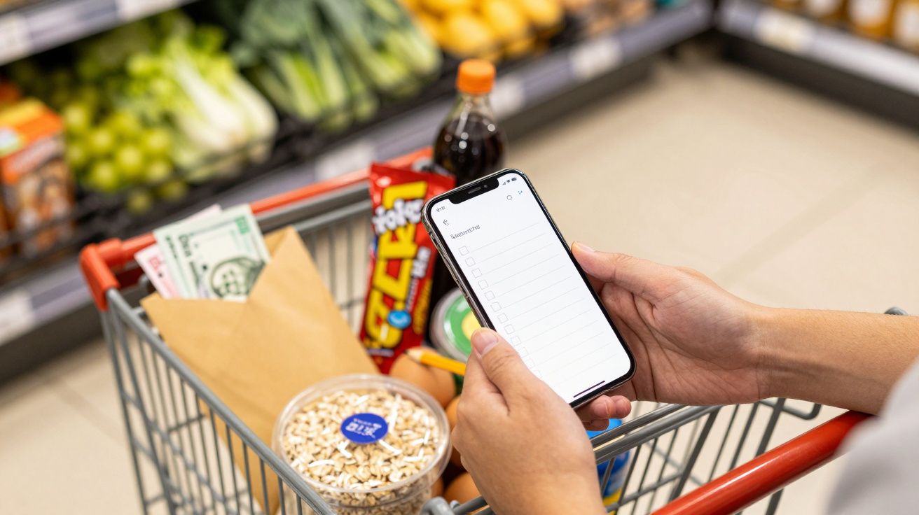 Persoană cu telefon în mână, listă de cumpărături pe ecran, coș plin cu alimente în supermarket.