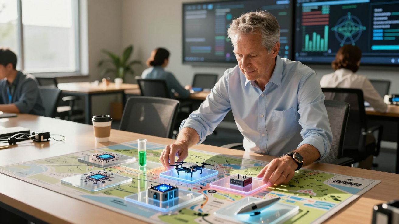 Bărbat studiind un model de oraș inteligent la o masă, cu ecrane de analiză în fundal.