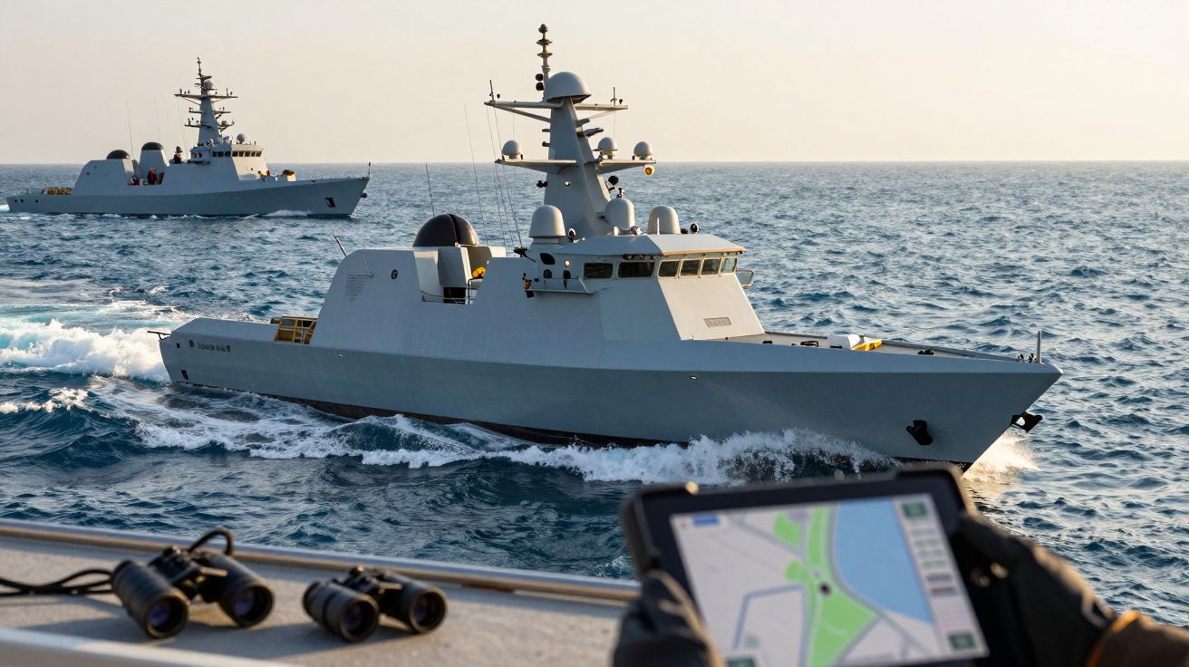 Două nave militare navigând pe mare, văzute de pe un alt vas cu ecran de navigație și binoclu în prim-plan.