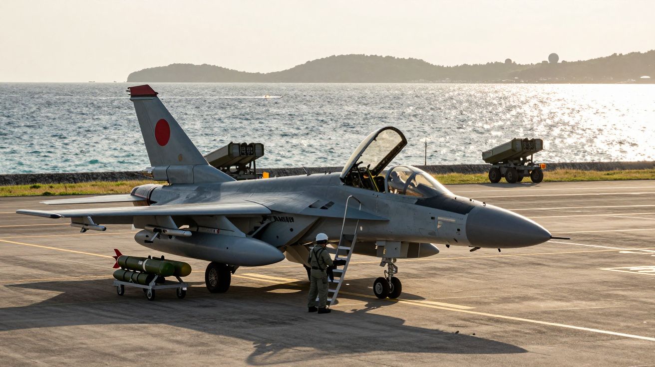 Avion de vânătoare pe pistă, pe fondul unei apusuri de soare lângă apă, cu un tehnician pregătindu-l pentru zbor.