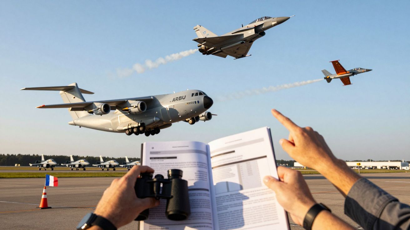 Bărbat cu binoclu și manual, observând avioane militare decolând pe un aerodrom, steag francez în fundal.