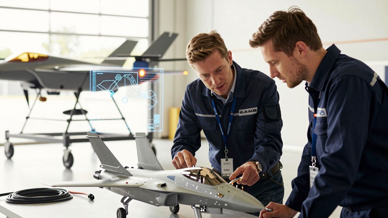 Doi bărbați inspectează o machetă de avion de luptă pe o masă, cu un afișaj digital în fundal.