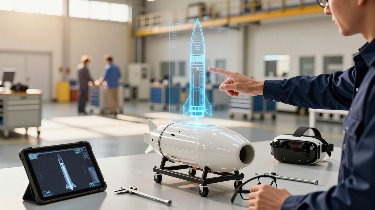 Persoană interacționând cu o proiecție digitală a unei rachete într-un laborator tehnologic modern.