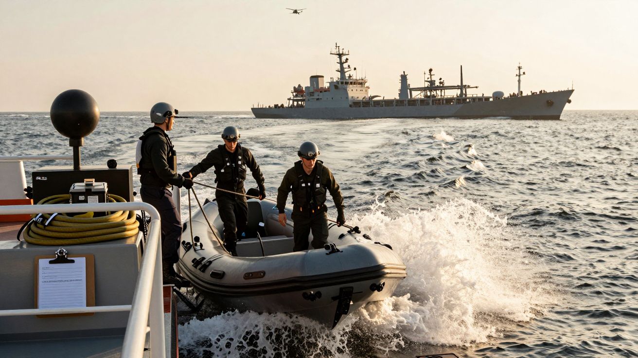 Trei marinari pe o barcă pneumatică pe mare, în apropierea unei nave mari, cu un elicopter deasupra.