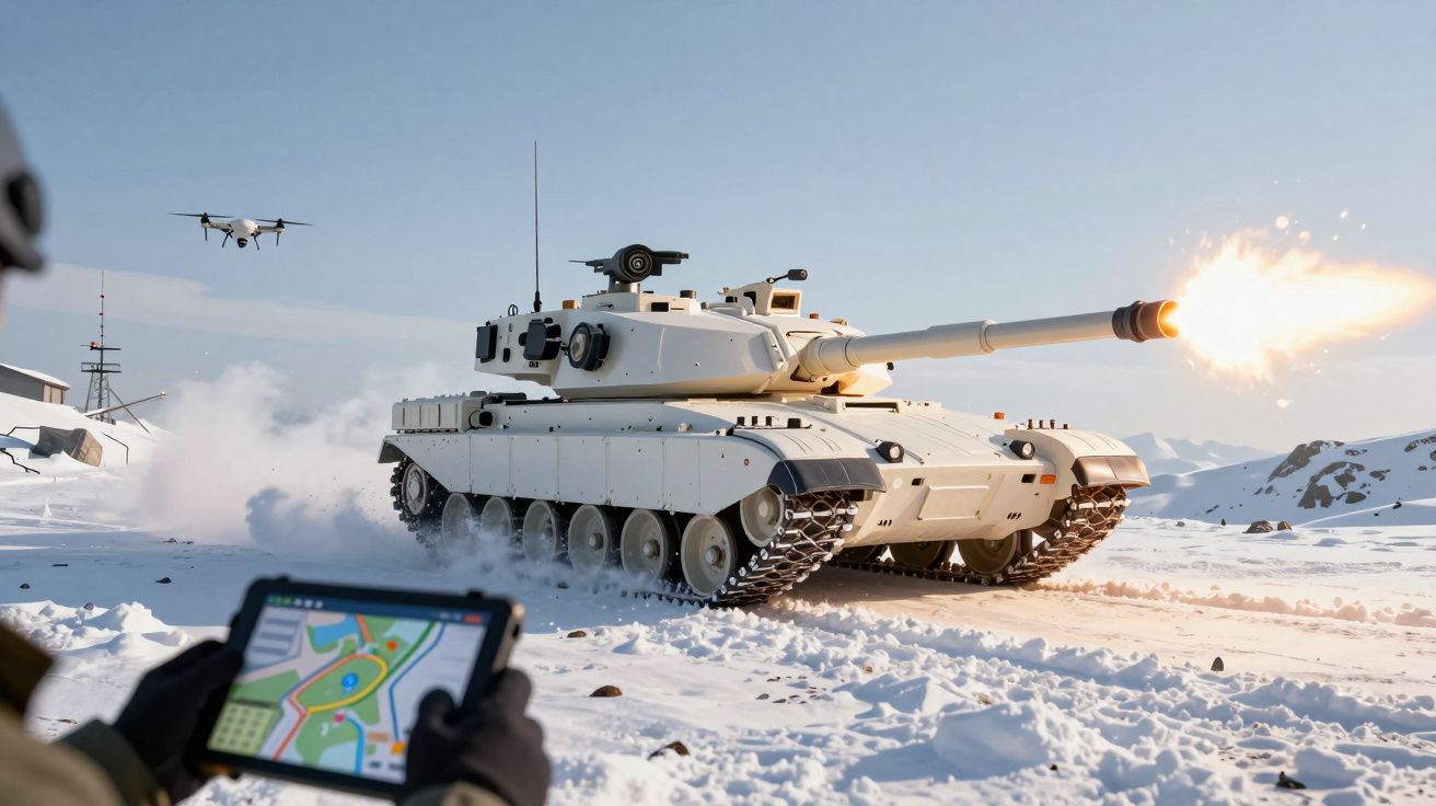 Tanc alb trăgând în zăpadă, cu dronă în fundal și un soldat folosind o tabletă pentru coordonare.
