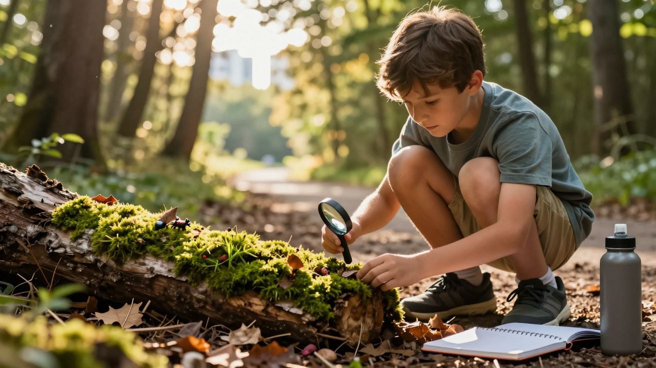 Băiat cercetând buștean acoperit de mușchi în pădure cu o lupă, caiet și sticlă de apă alături.
