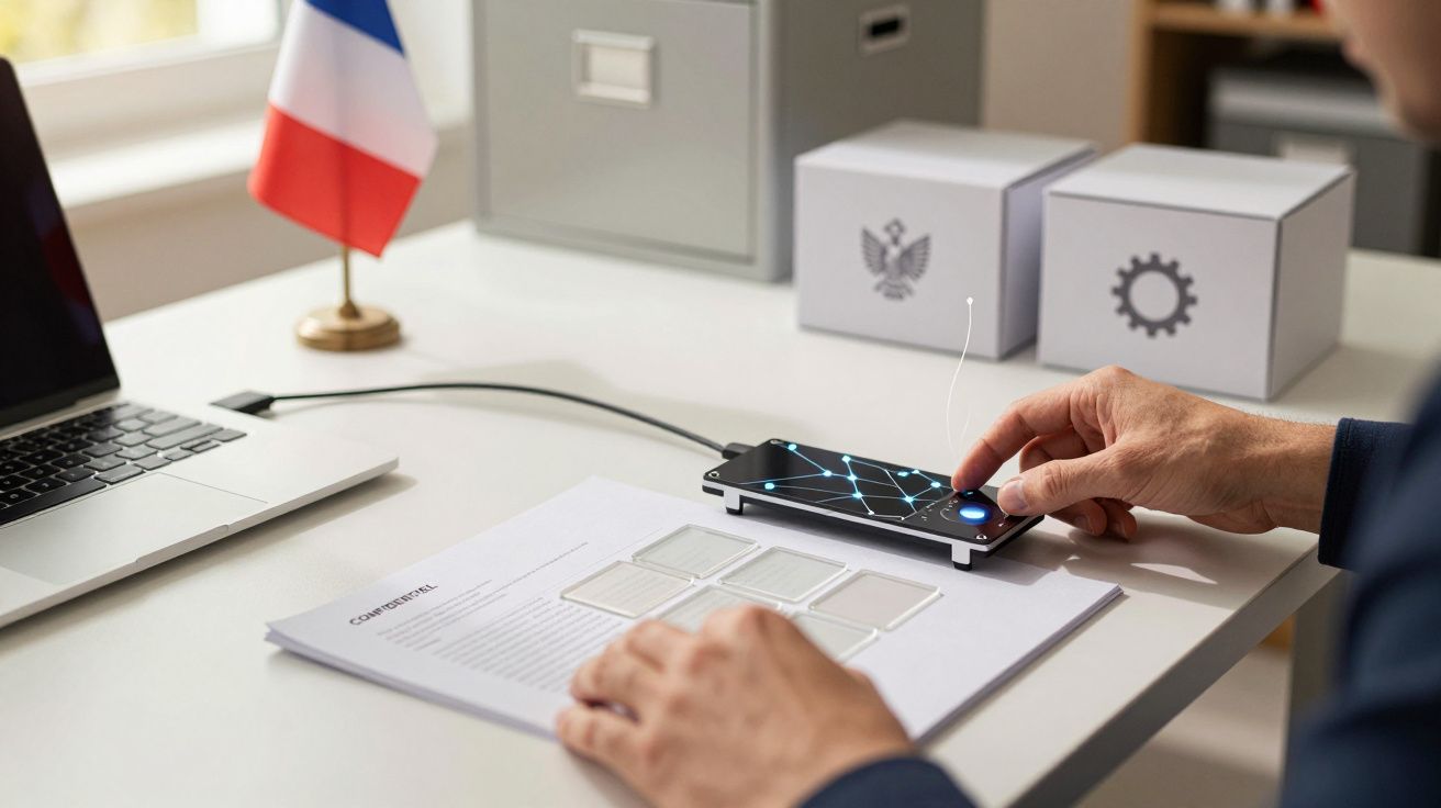 Persoană utilizând un smartphone pentru deblocare pe un birou cu laptop, dosare și un steag mic în fundal.