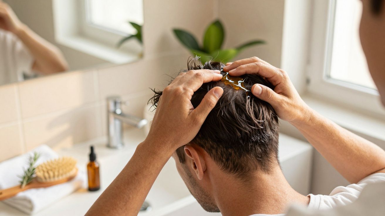 Bărbat aplicând ulei pe scalp, într-o baie modernă, cu plante verzi și produse de îngrijire pe fundal.